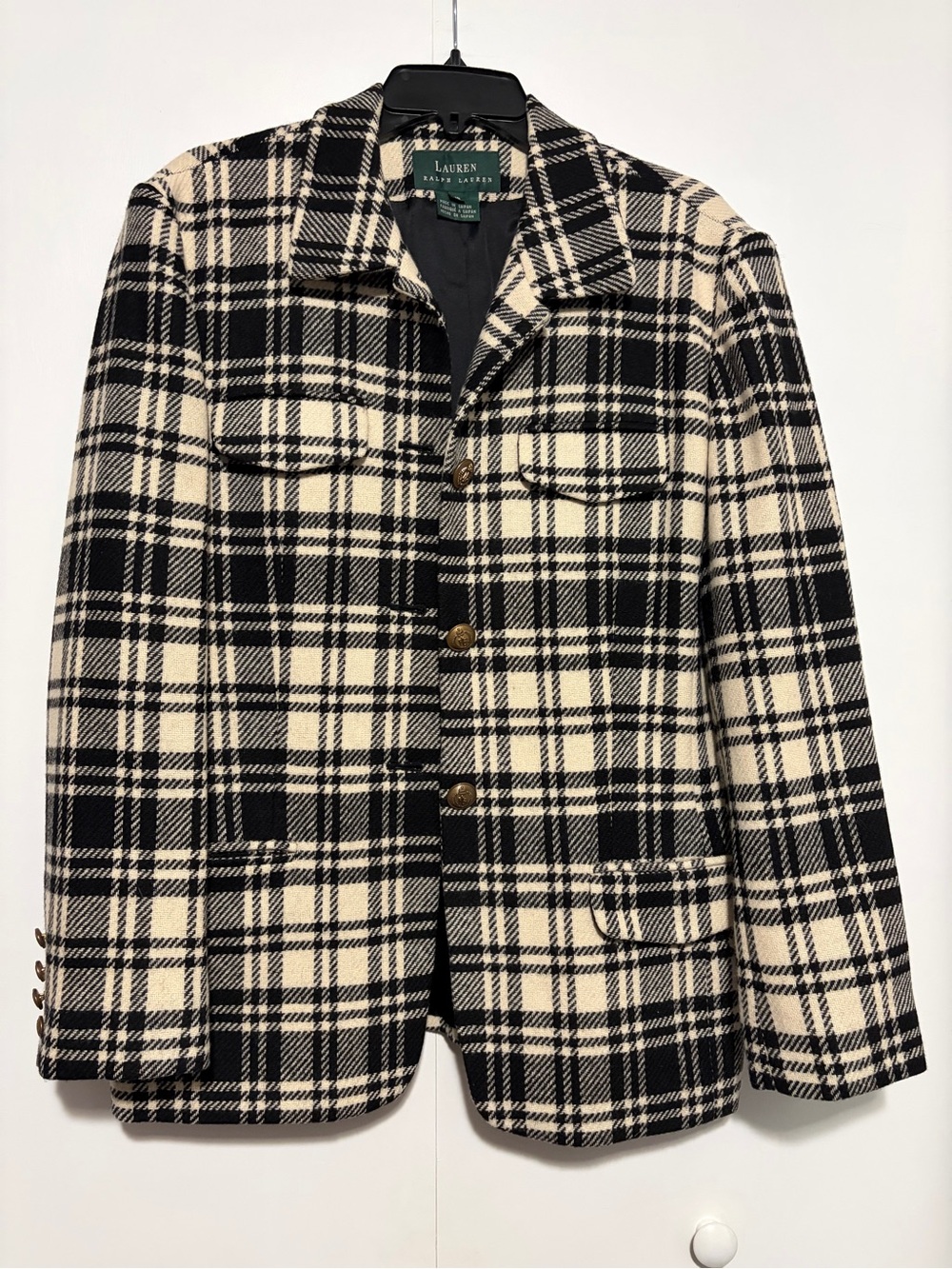 Lauren Ralph Lauren Black & Cream Plaid Wool Blazer Jacket size 16